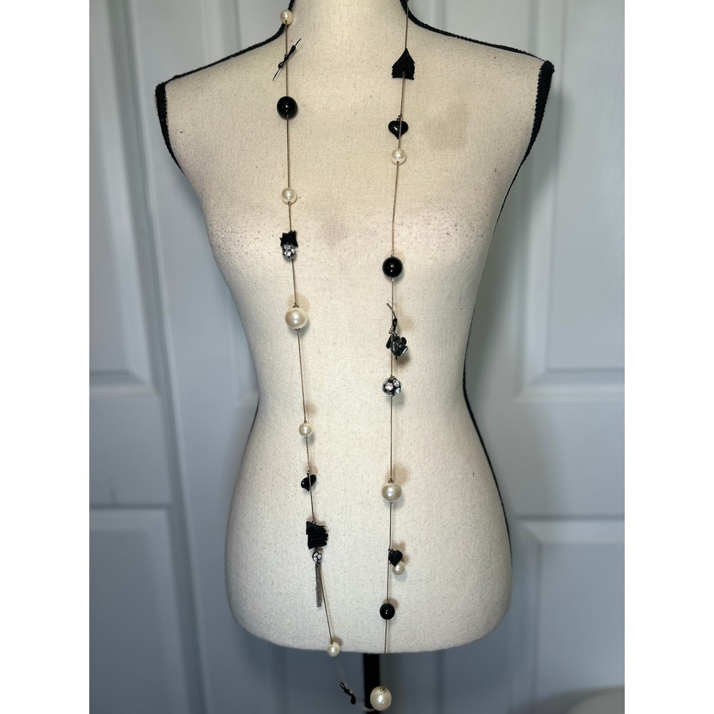 Betsey Johnson Long Strand Pearl Heart Bow‎ Crystal Key Charm Necklace Gold